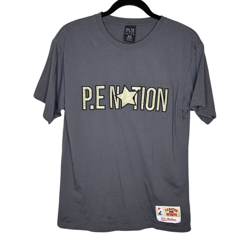 P.E. Nation Heads Up Tee XS Gray Cream Organic Cotton Boxy Graphic Logo Shirt